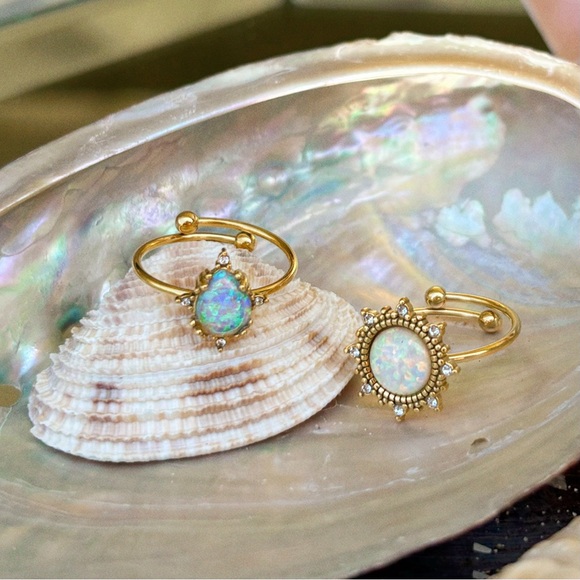 18K Gold Tarnish Free Adjustable Blue Opal Ring - Picture 3 of 4